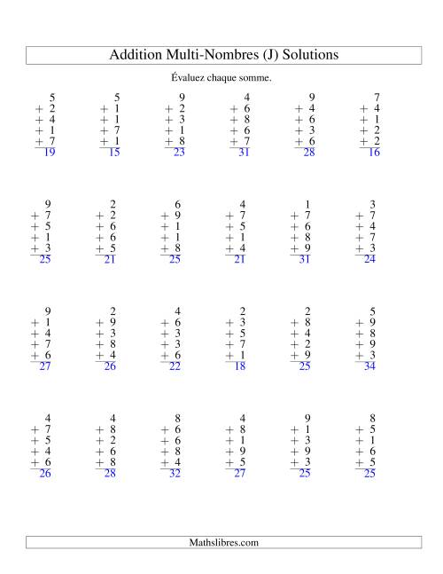 Addition de cinq nombres à un chiffre (J) page 2