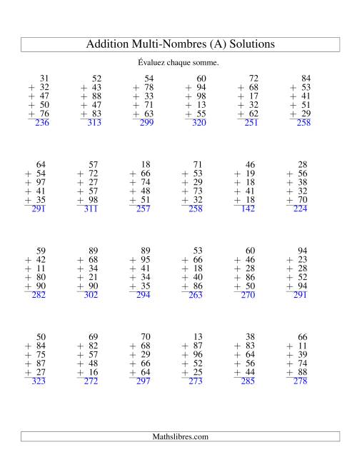 Addition de cinq nombres à deux chiffres (A) page 2