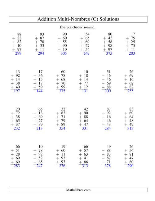 Addition de cinq nombres à deux chiffres (C) page 2