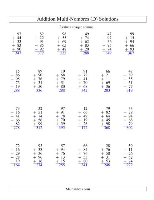 Addition de cinq nombres à deux chiffres (D) page 2