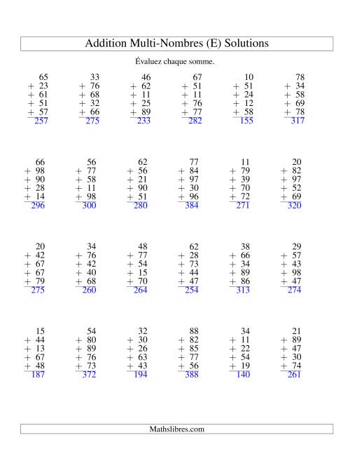 Addition de cinq nombres à deux chiffres (E) page 2