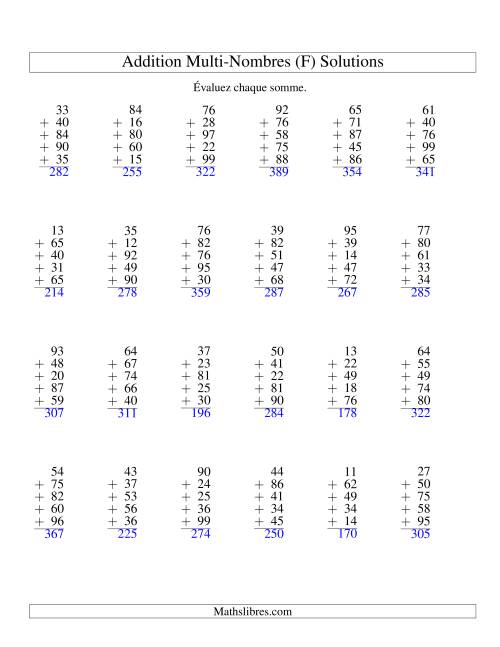Addition de cinq nombres à deux chiffres (F) page 2