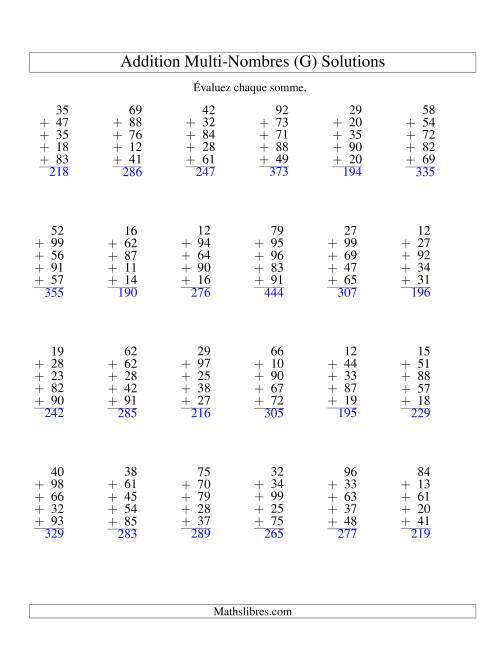 Addition de cinq nombres à deux chiffres (G) page 2