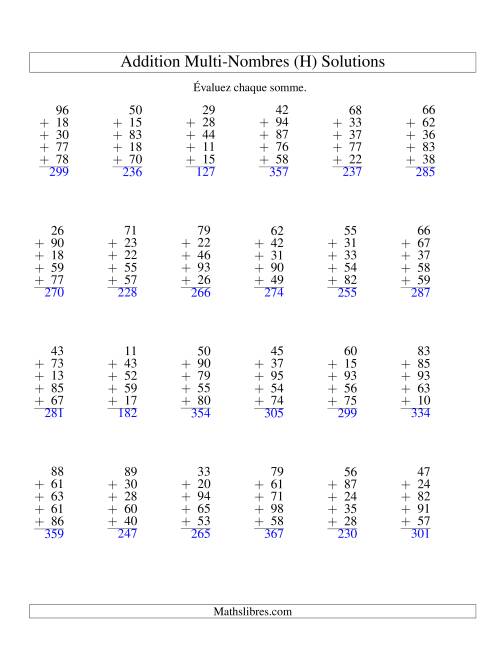 Addition de cinq nombres à deux chiffres (H) page 2