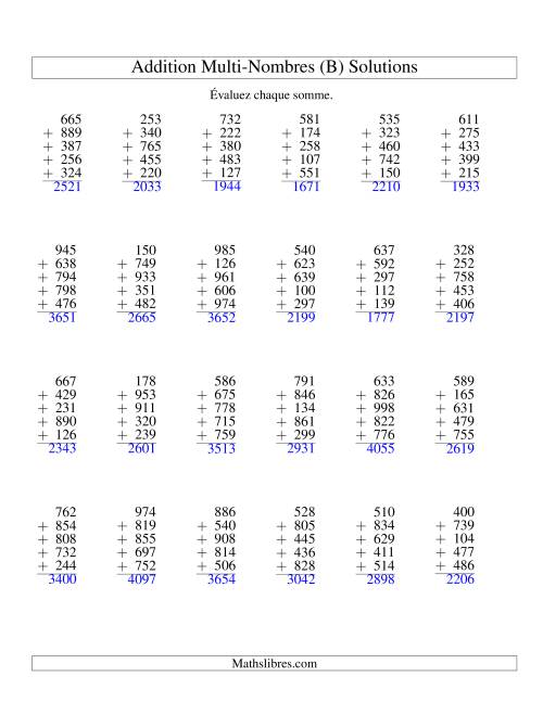 Addition de cinq nombres à trois chifffres (B) page 2