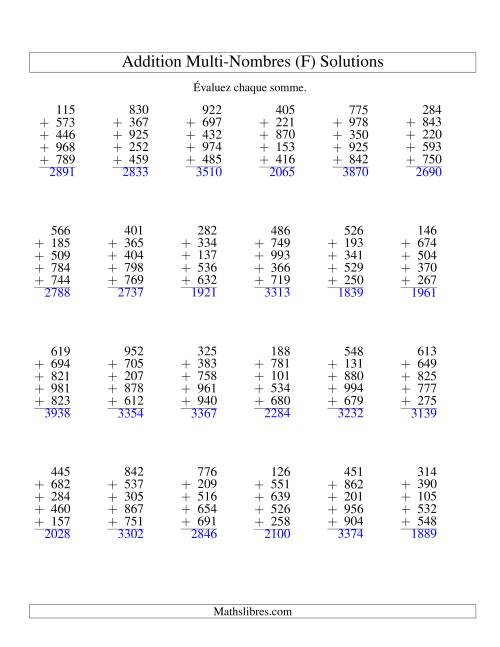Addition de cinq nombres à trois chifffres (F) page 2