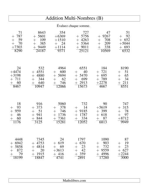 Additiond de cinq nombres à chiffres variés (B)