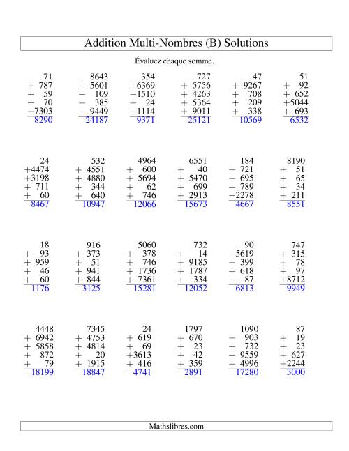 Additiond de cinq nombres à chiffres variés (B) page 2