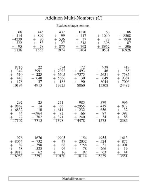 Additiond de cinq nombres à chiffres variés (C)