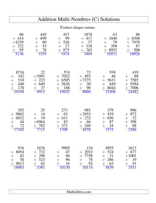 Additiond de cinq nombres à chiffres variés (C) page 2