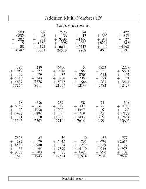 Additiond de cinq nombres à chiffres variés (D)