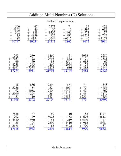 Additiond de cinq nombres à chiffres variés (D) page 2