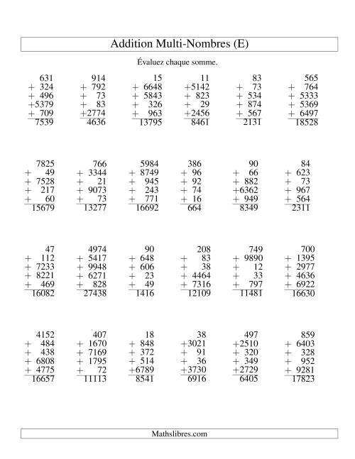 Additiond de cinq nombres à chiffres variés (E)