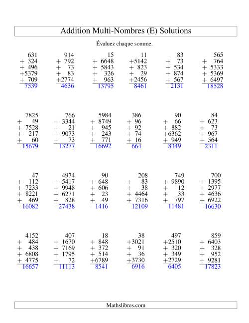 Additiond de cinq nombres à chiffres variés (E) page 2
