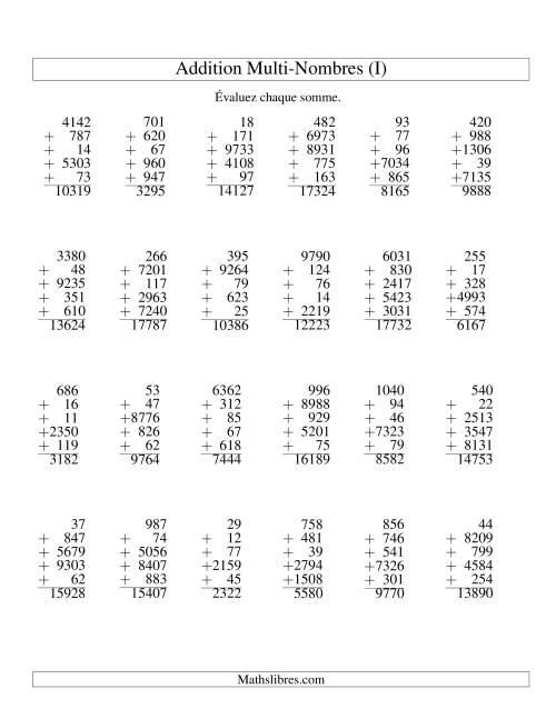 Additiond de cinq nombres à chiffres variés (I)
