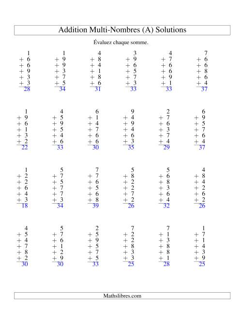Addition de six nombres à un chiffre (A) page 2