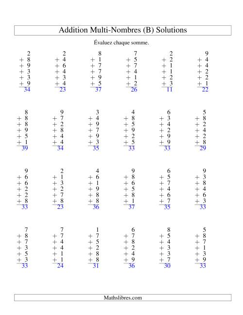 Addition de six nombres à un chiffre (B) page 2