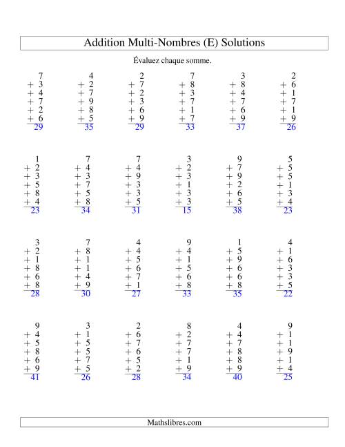 Addition de six nombres à un chiffre (E) page 2