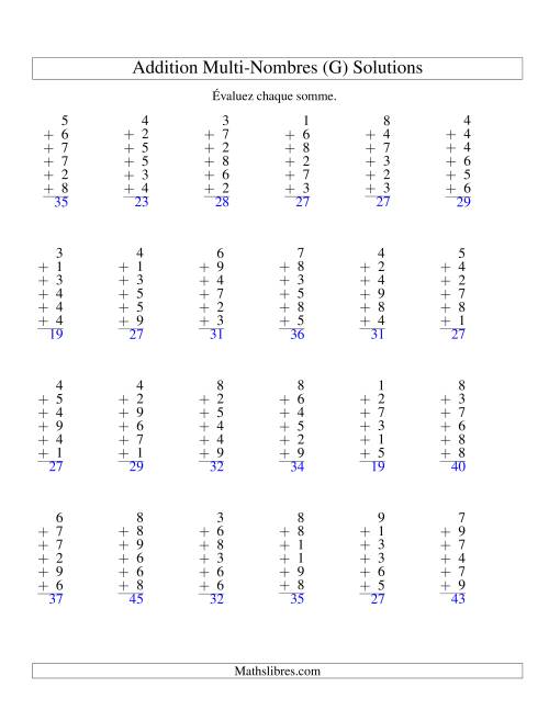 Addition de six nombres à un chiffre (G) page 2