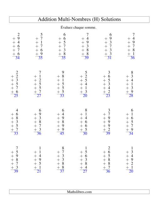Addition de six nombres à un chiffre (H) page 2