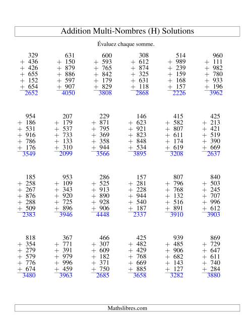 Addition de six nombres à trois chiffres (H) page 2
