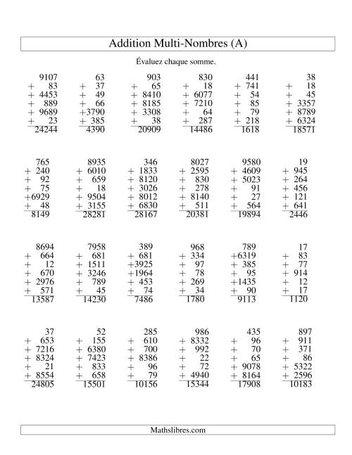 Addition de six nombres à chiffres variés (A)
