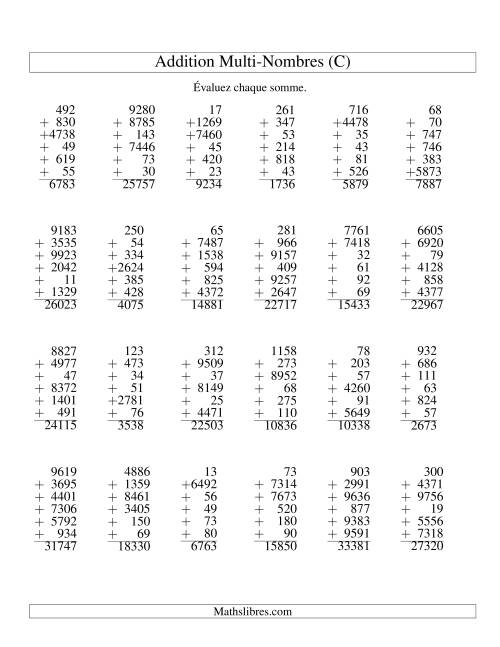 Addition de six nombres à chiffres variés (C)