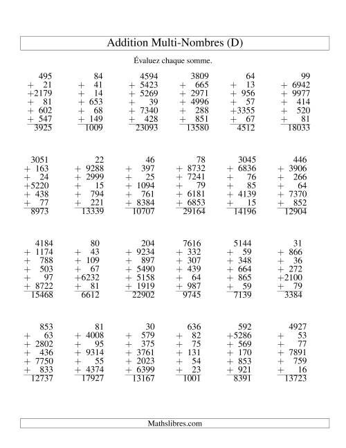 Addition de six nombres à chiffres variés (D)