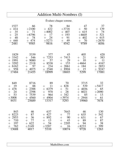 Addition de six nombres à chiffres variés (I)