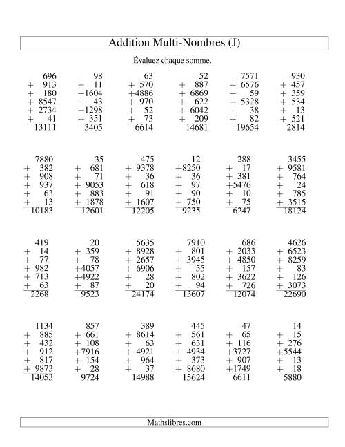 Addition de six nombres à chiffres variés (J)