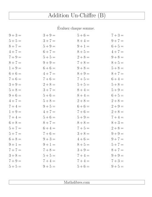 Addition de nombres à un chiffre avec retenue -- 100 par page (B)