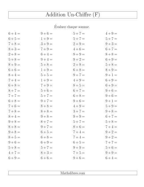 Addition de nombres à un chiffre avec retenue -- 100 par page (F)
