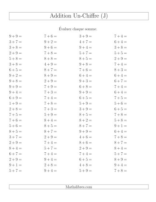 Addition de nombres à un chiffre avec retenue -- 100 par page (J)