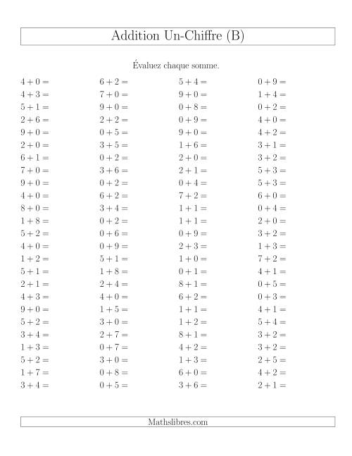 Addition de nombres à un chiffre sans retenue -- 100 par page (B)