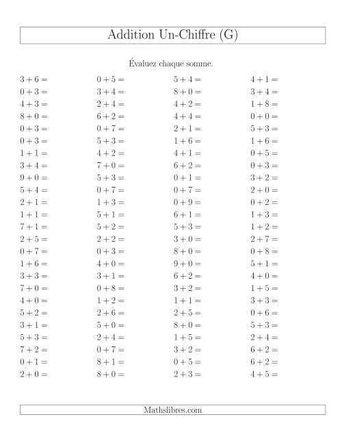Addition de nombres à un chiffre sans retenue -- 100 par page (G)