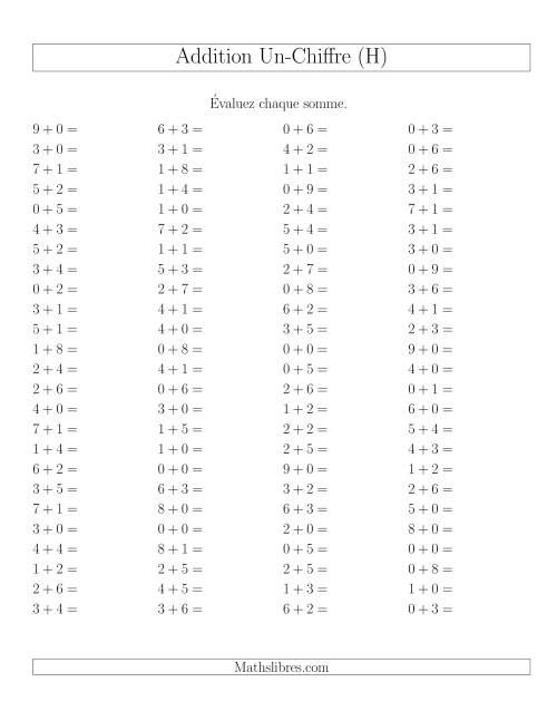 Addition de nombres à un chiffre sans retenue -- 100 par page (H)