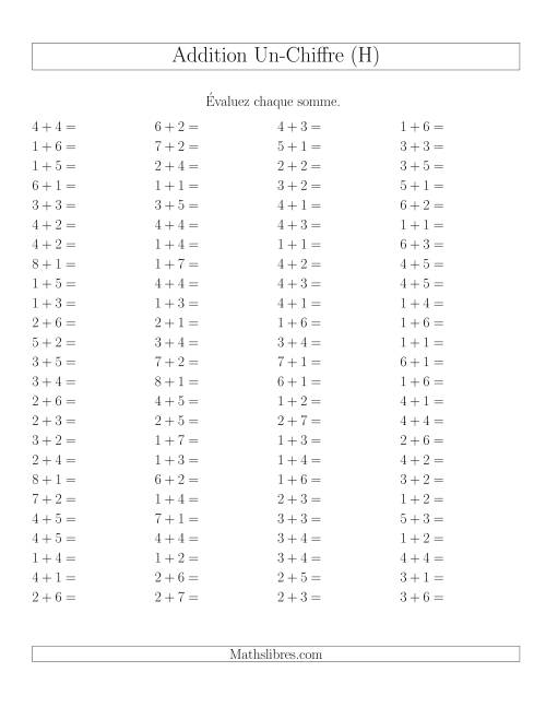 Addition de nombres à un chiffre sans retenue et sans zéro -- 100 par page (H)