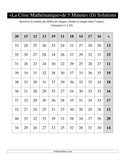 « La crise mathématique » de 5 minutes -- Une grille par page -- Variation 11 à 20 -- Main gauche (D) page 2