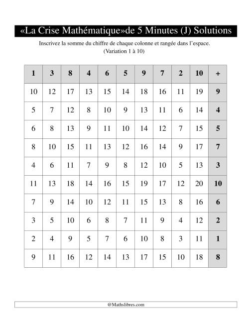 « La crise mathématique » de 5 minutes -- Une grille par page -- Variation 1 à 10 -- Main gauche (J) page 2