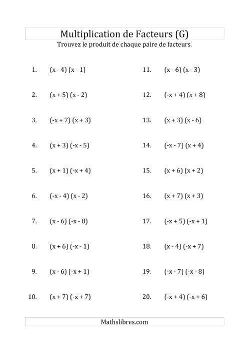 Multiplication des Facteurs Quadratiques avec des Coefficients «a» de 1 ou -1 (G)