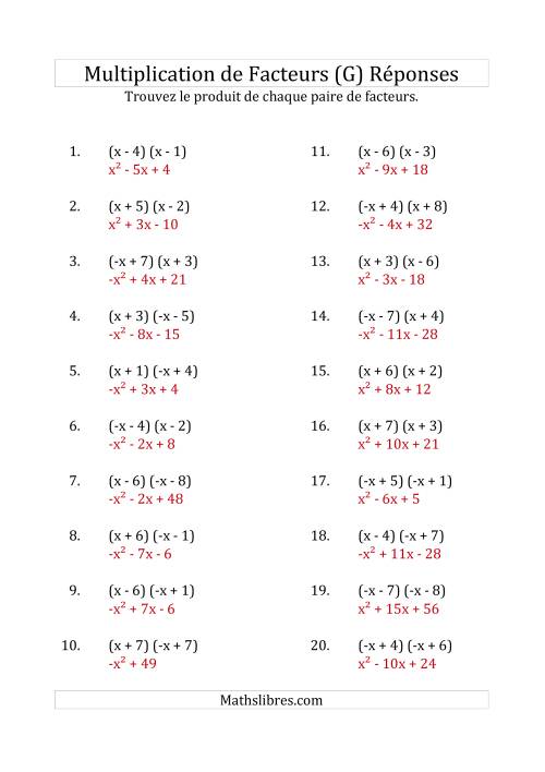 Multiplication des Facteurs Quadratiques avec des Coefficients «a» de 1 ou -1 (G) page 2