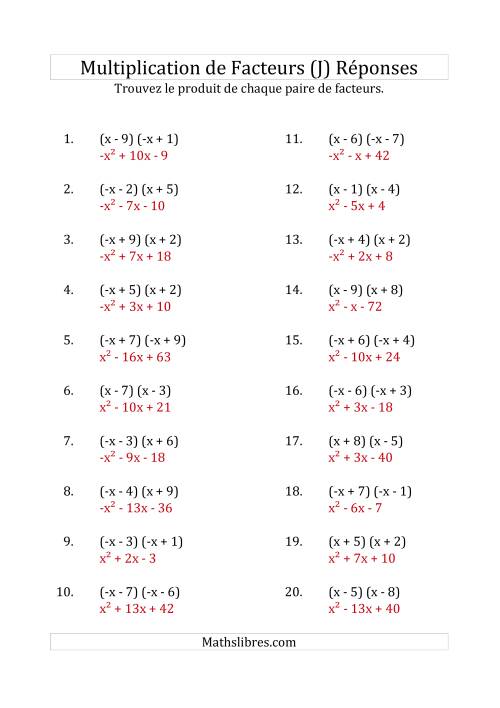 Multiplication des Facteurs Quadratiques avec des Coefficients «a» de 1 ou -1 (J) page 2