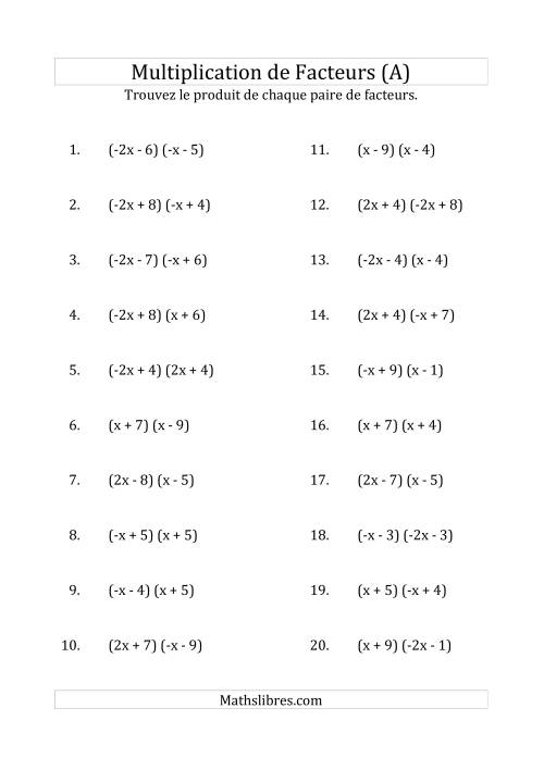 Multiplication des Facteurs Quadratiques avec des Coefficients «a» de 1, -1, 2 ou -2 (Tout)