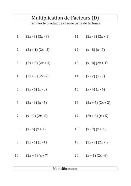 Multiplication des Facteurs Quadratiques avec des Coefficients «a» de 1, ou 2 (D)