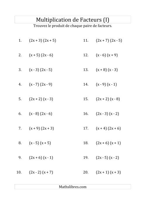 Multiplication des Facteurs Quadratiques avec des Coefficients «a» de 1, ou 2 (I)