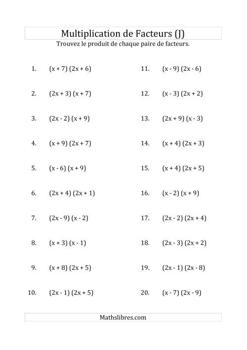 Multiplication des Facteurs Quadratiques avec des Coefficients «a» de 1, ou 2 (J)