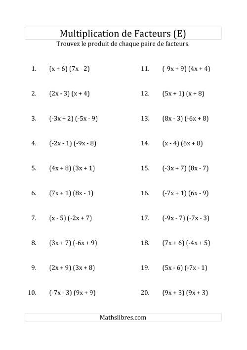 Multiplication des Facteurs Quadratiques avec des Coefficients «a» variant de -9 à 9 (E)