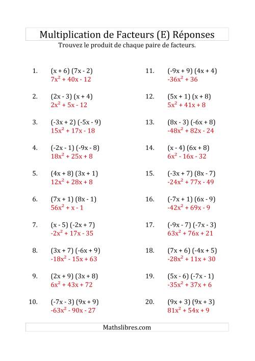 Multiplication des Facteurs Quadratiques avec des Coefficients «a» variant de -9 à 9 (E) page 2