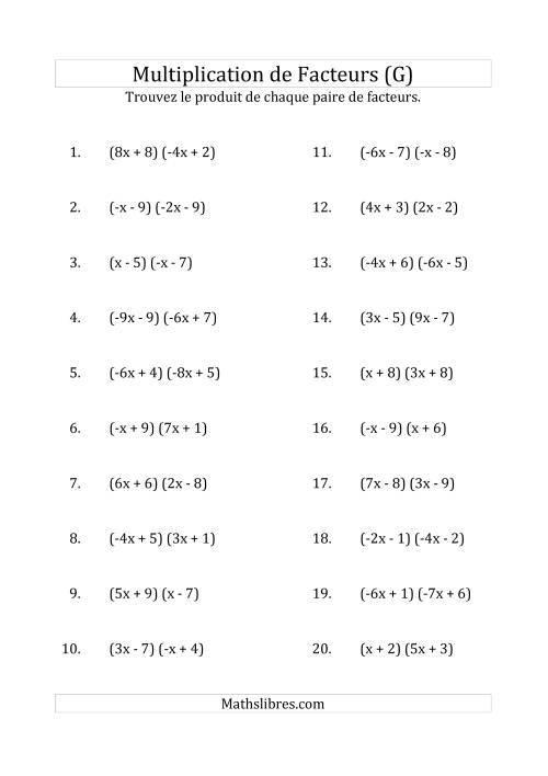 Multiplication des Facteurs Quadratiques avec des Coefficients «a» variant de -9 à 9 (G)