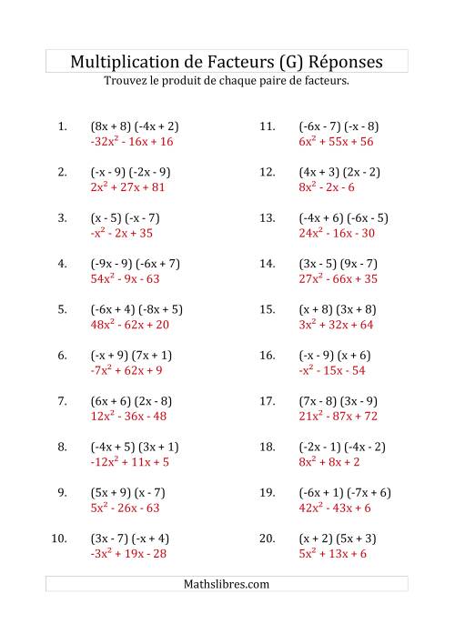 Multiplication des Facteurs Quadratiques avec des Coefficients «a» variant de -9 à 9 (G) page 2